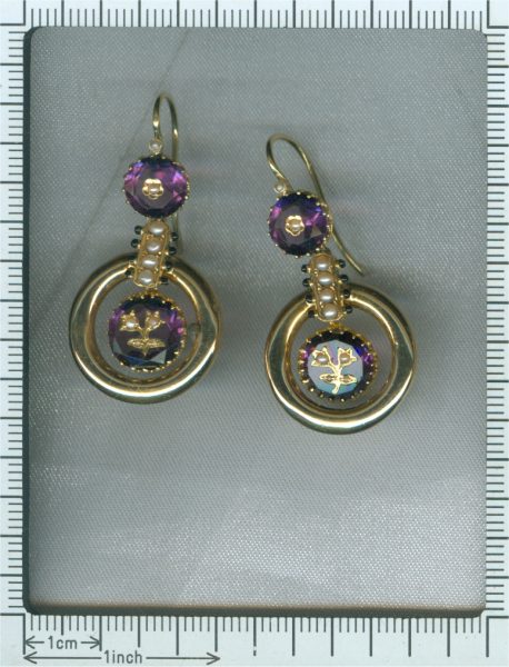 Antique Victorian Amethyst and Seed Pearl Enamelled Pendant Earrings, 18ct Yellow Gold