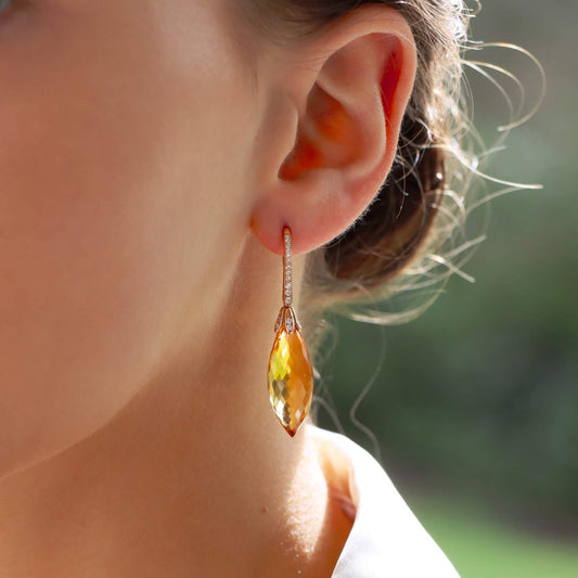 10cts Briolette Cut Citrine and Diamond Drop Earrings