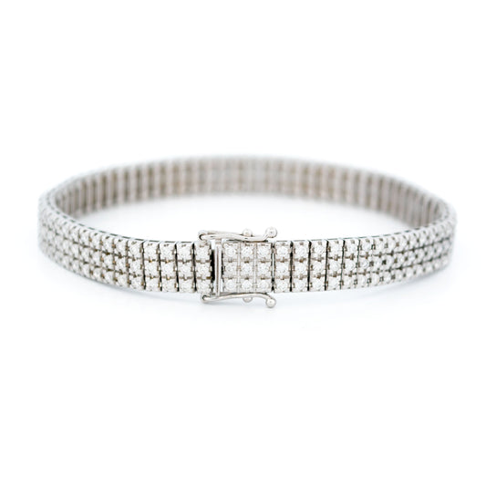 Vintage 18 Carat White Gold Three Row Diamond Tennis Bracelet, 3.40 Carats