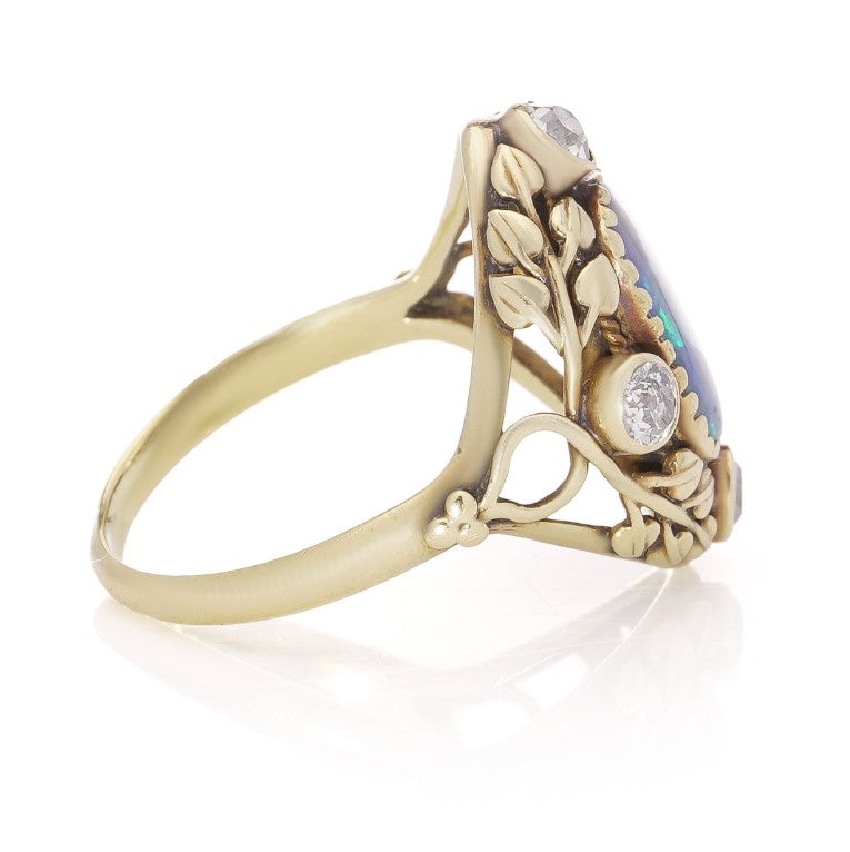Antique Arts and Crafts Opal Diamond Gold Dress Ring