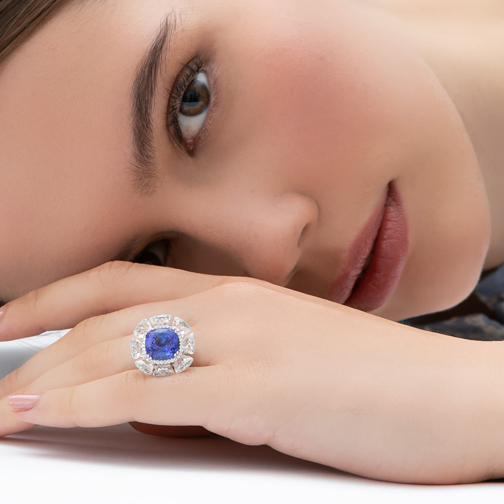 Cushion Cut Tanzanite and Diamond Cocktail Ring