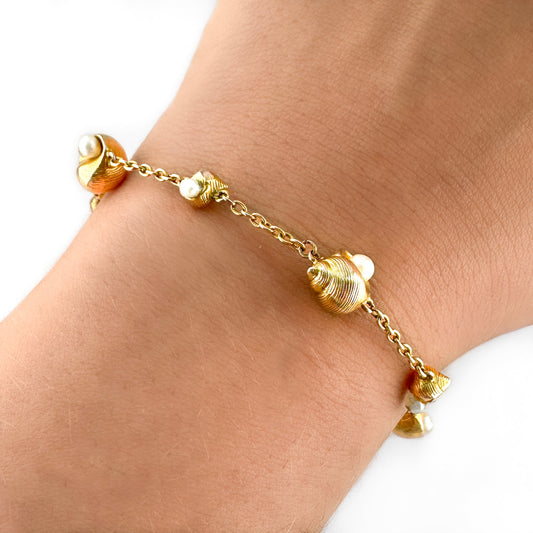 Edwardian Antique Gold Shell Bracelet with Natural Pearls