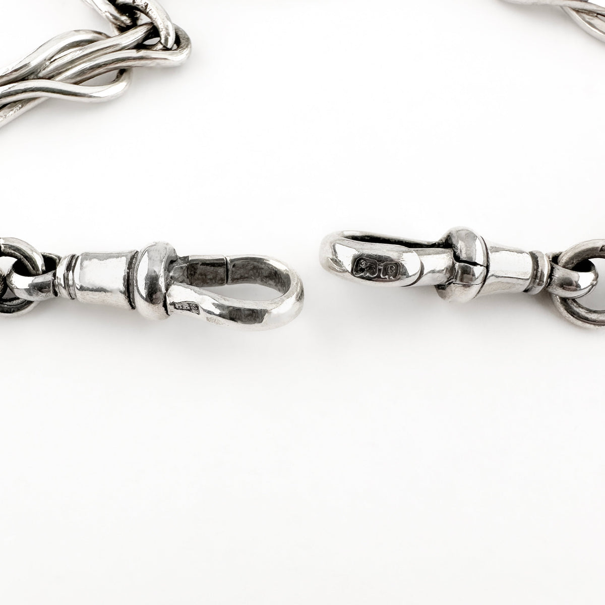 Edwardian Antique Knot and Reef Fancy Link Silver Albert Chain Necklace With T-Bar