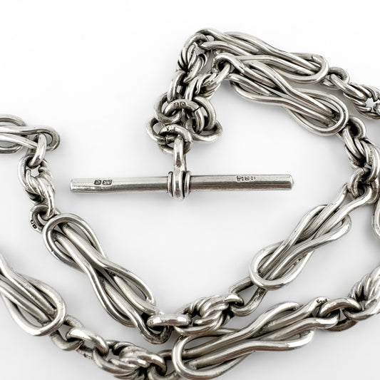 Edwardian Antique Knot and Reef Fancy Link Silver Albert Chain Necklace With T-Bar