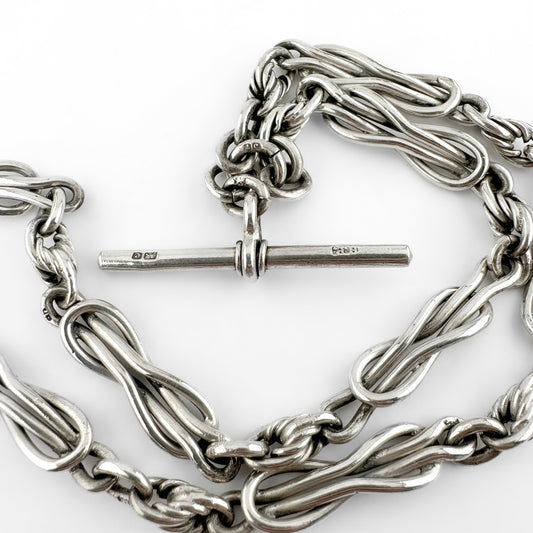 Edwardian Antique Knot and Reef Fancy Link Silver Albert Chain Necklace With T-Bar