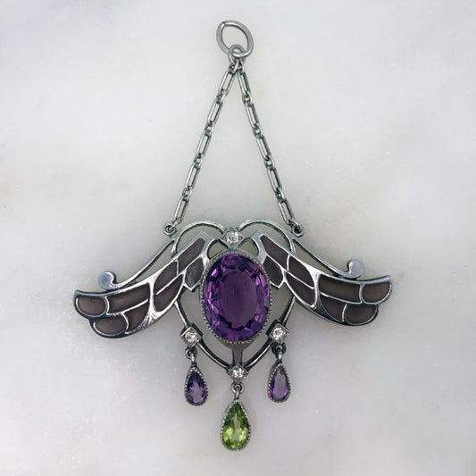 Art Nouveau Plique a Jour Enamel Gemstone Pendant Peridot Amethyst Diamond