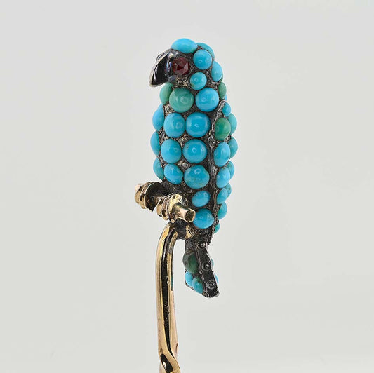 Early Victorian Antique Turquoise Parrot Stick Pin Brooch with Ruby Eyes, Late 19th century Circa 1840