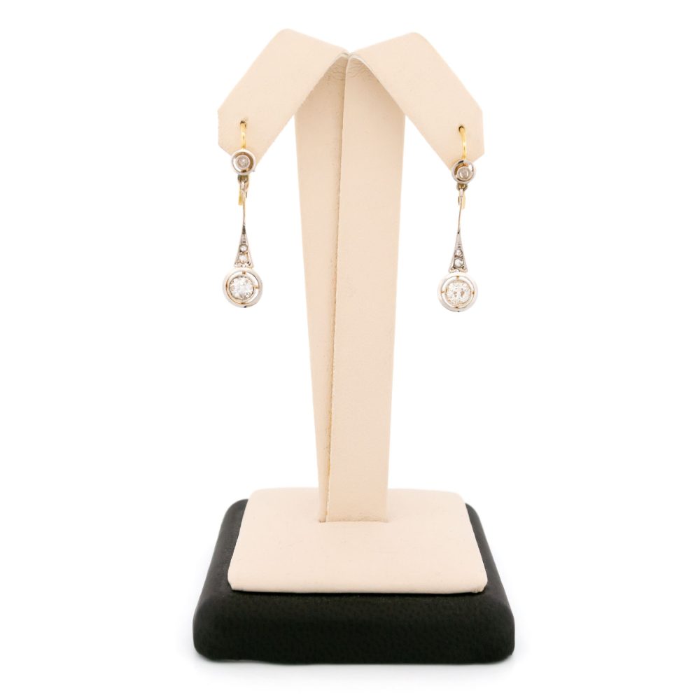 Art Deco Old Cut Diamond Pendant Earrings In 18 Carat Yellow And White Gold