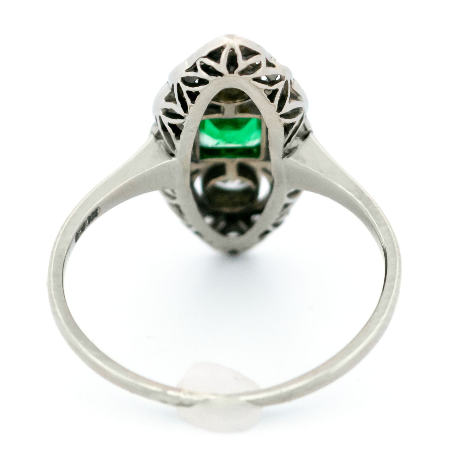 Art Deco 18 Carat White Gold, Platinum, Emerald and Diamond Marquise Navette Ring