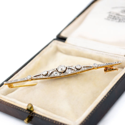 Art Deco 14 Carat Gold and Platinum Diamond Bar Brooch, 0.70 Carat