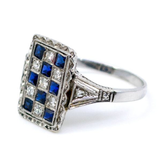Antique Art Deco Sapphire and Old Mine Cut Diamond Ring