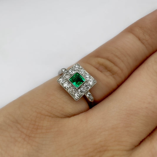 Edwardian Antique Colombian Emerald and Diamond Square Cluster Engagement Ring
