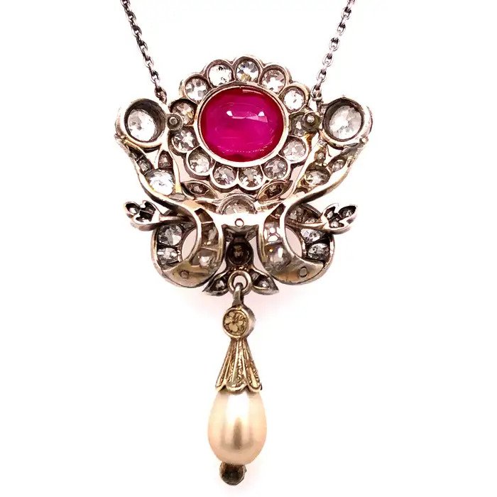 Victorian Antique 4.32ct Certified Natural Burma Ruby Diamond and Pearl Pendant, 6 carats