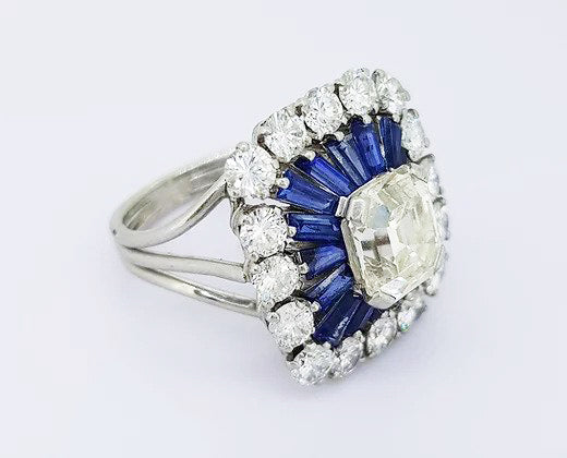 Vintage 2.30ct Emerald Cut Diamond and Sapphire Cluster Cocktail Ring