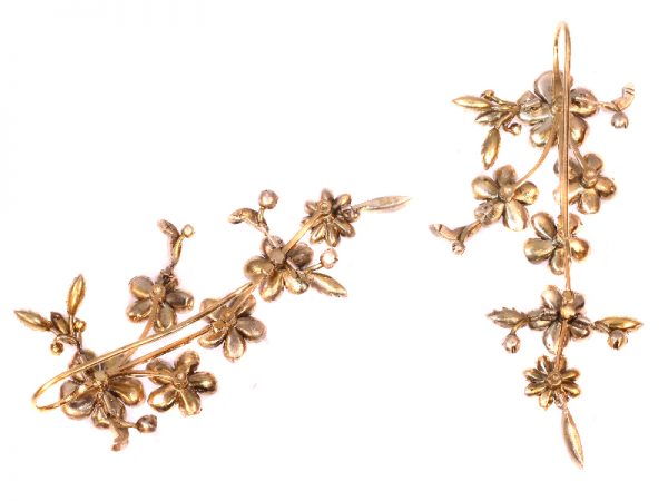 Rococo Style Old Cut Diamond Pearl and Ruby Flower Drop Earrings