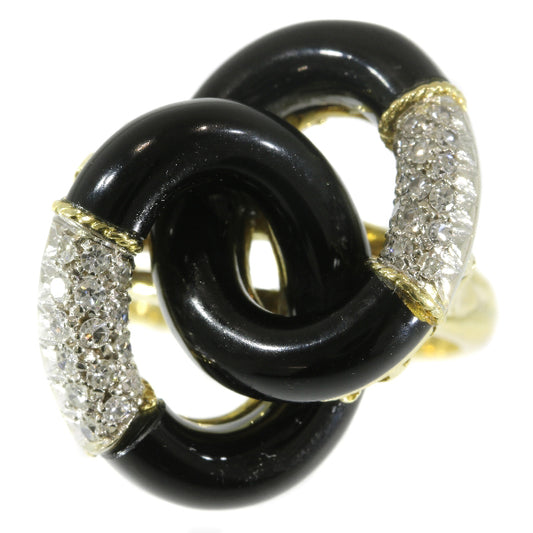 Vintage Seventies Onyx and Diamond 18ct Yellow Gold Ring