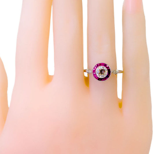 Platinum, Diamond and Ruby Halo Cluster Ring, 0.70 Carat