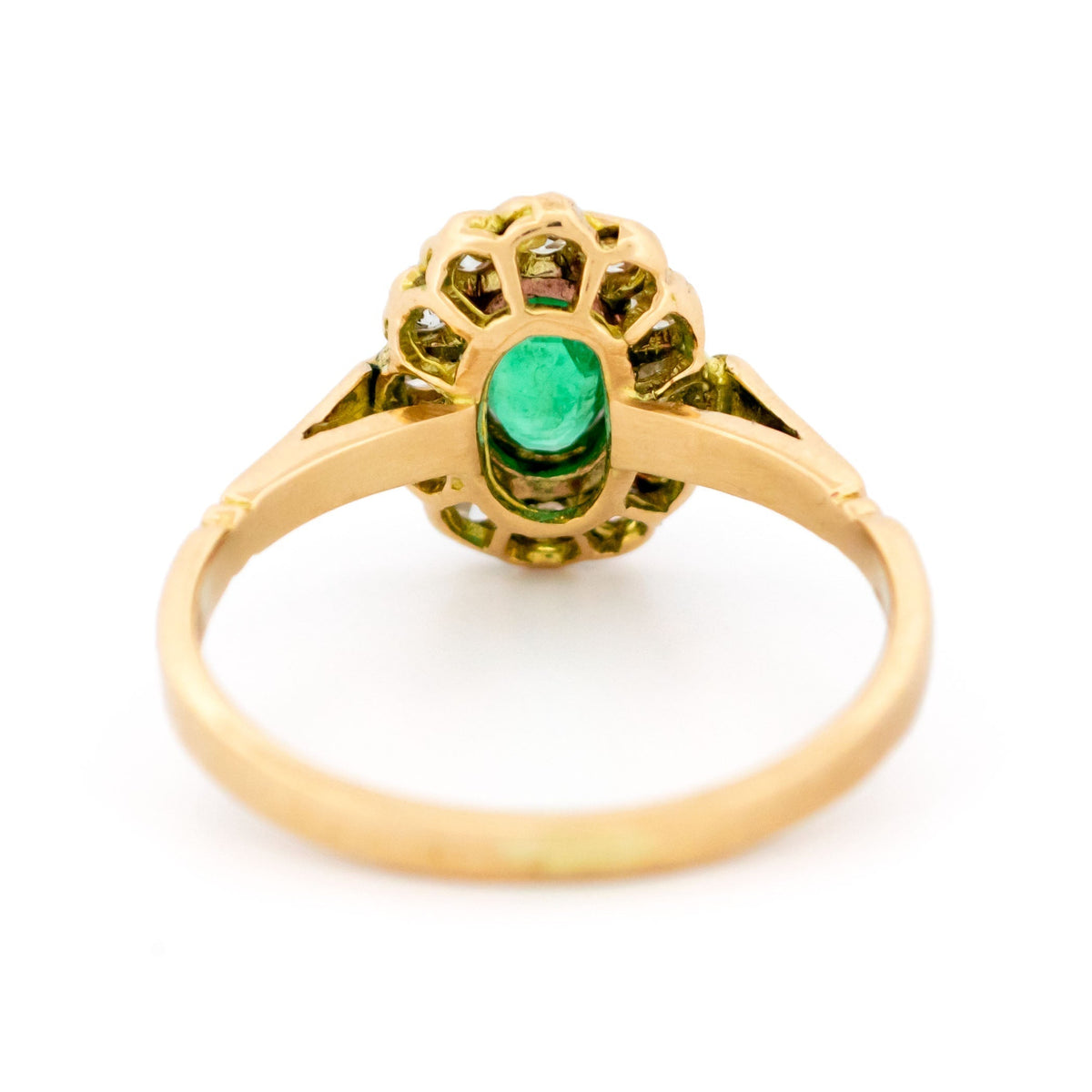 14 Carat Yellow Gold Emerald and Diamond Cluster Ring, 0.53 Carat