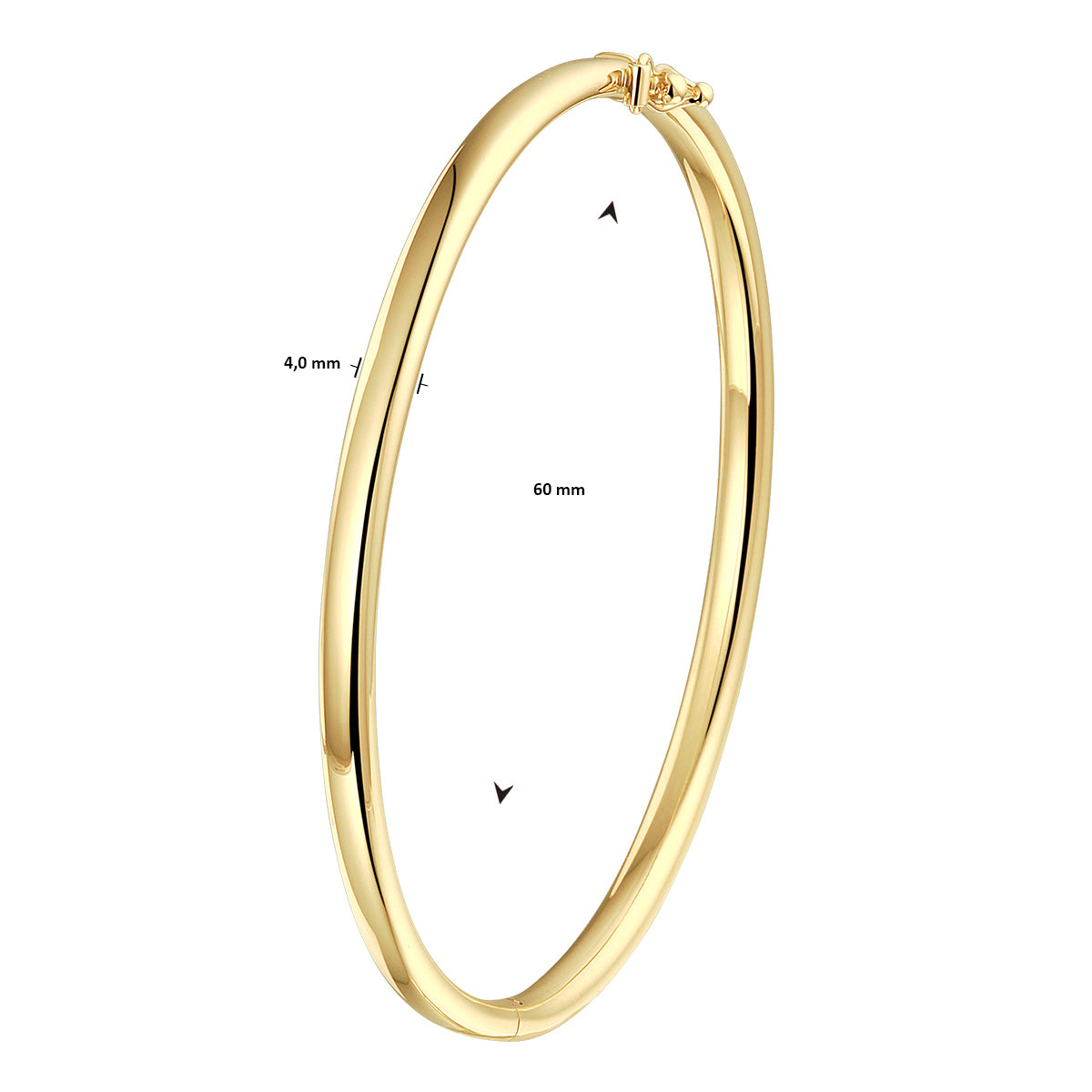 A yellow gold bangle bracelet, against a white background, with measurements