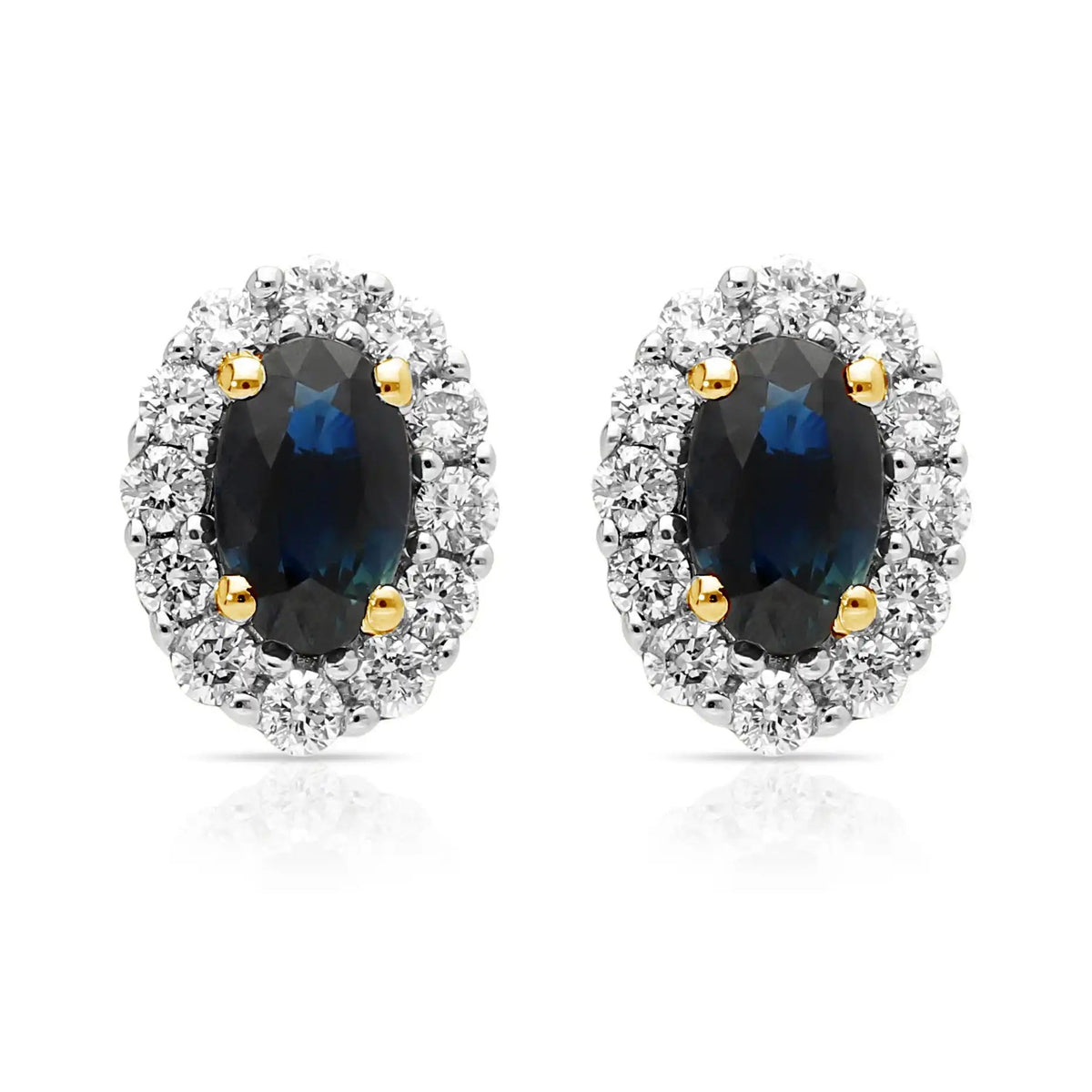 Sapphire and Diamond Oval Cluster Earrings in 14 Carat Yellow and White Gold