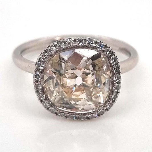 Vintage 3.15ct Cushion Old Cut Diamond Halo Cluster Engagement Ring in Platinum