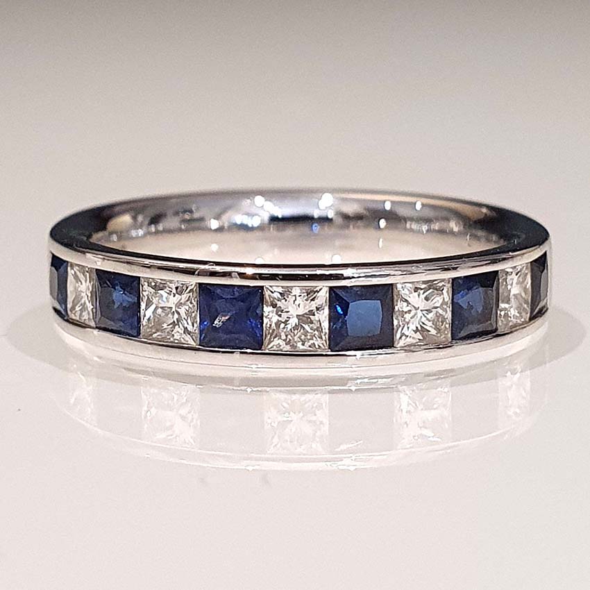 Princess Cut Diamond Sapphire and Diamond Half Eternity Ring