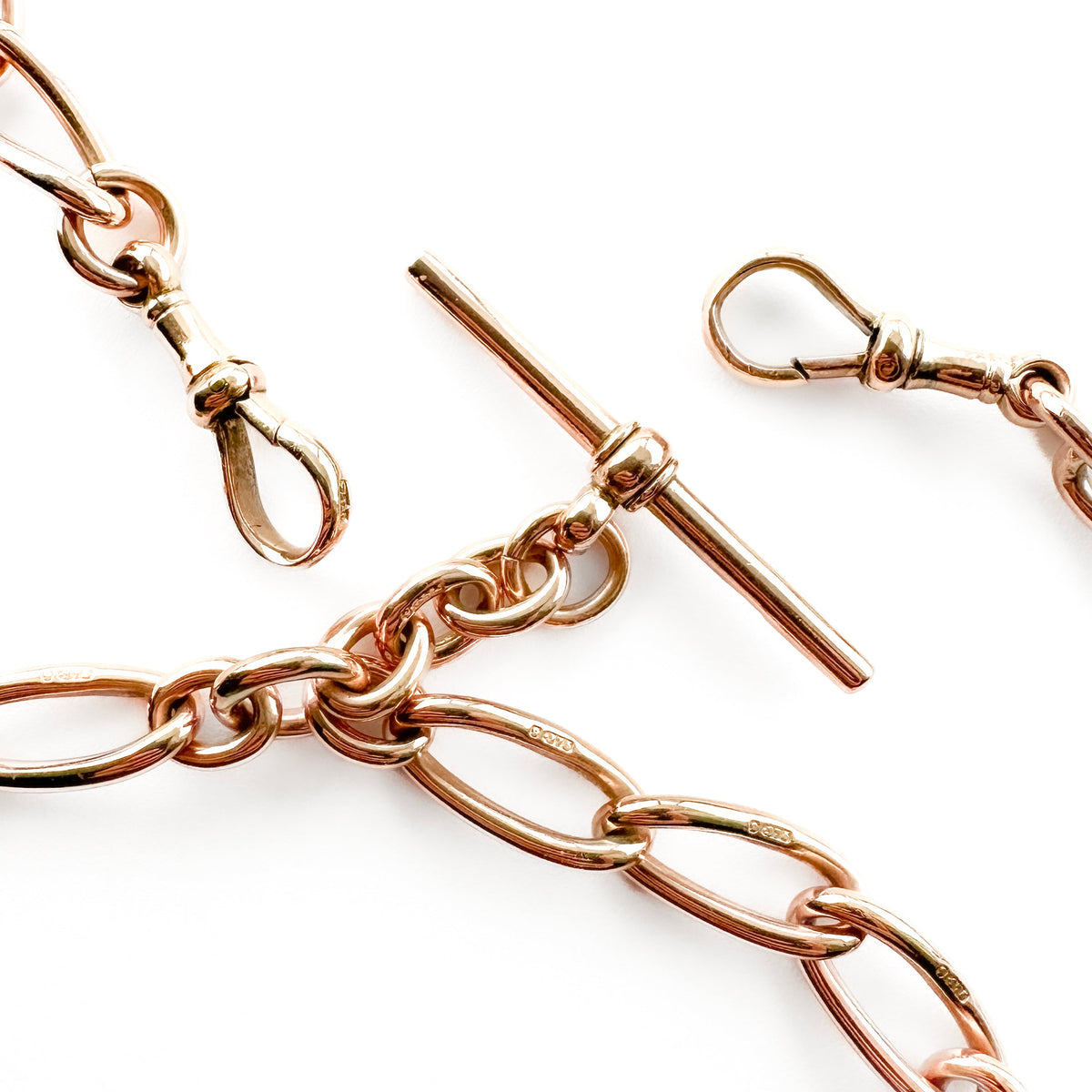 Edwardian Rose Gold Twisted Trombone Link Albert Chain Necklace