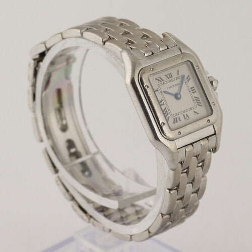 Cartier Panthere Ladies 18ct White Gold Bracelet 22mm Quartz Watch, Ref 1660, white dial, Roman numerals, blue steel hands, sapphire cabochon crown, sapphire crystal, 18ct white gold bracelet with 18ct white gold double-fold hidden clasp, with Cartier box.