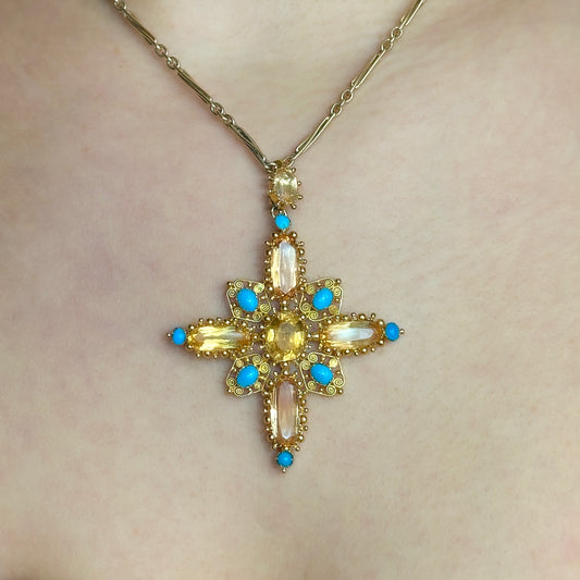 Antique Victorian Topaz Turquoise Gold Cross Pendant