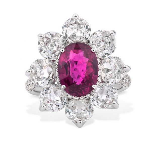 3.69ct Oval Ruby and Old Cut Diamond Cluster Ring, 18ct White Gold