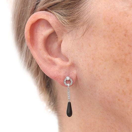 Art Deco Style Teardrop Cabochon Onyx and Diamond Drop Earrings