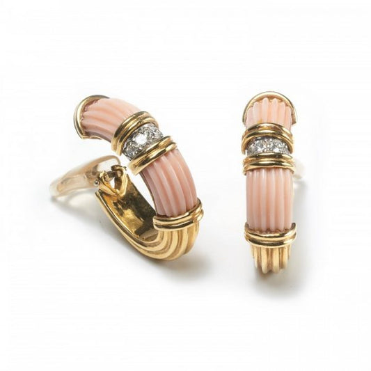 Vintage 1970s Fluted Coral Diamond and Gold Hoop Earrings