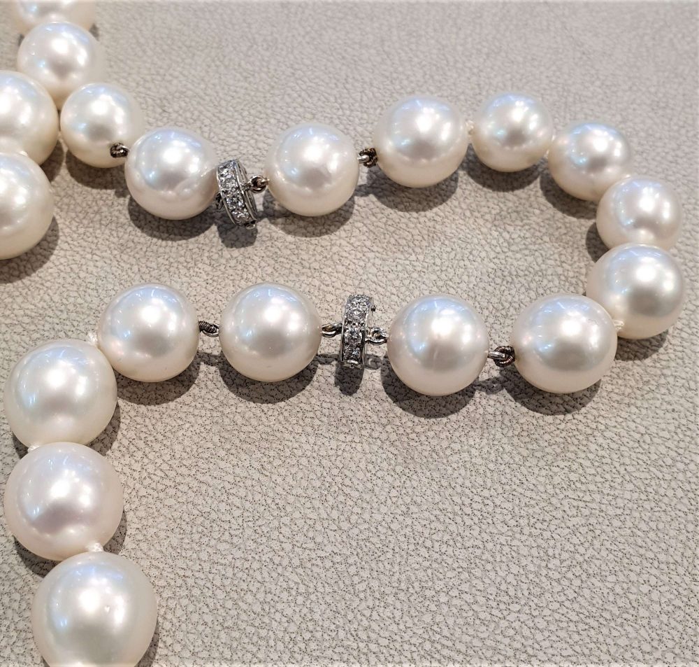 Vintage South Sea Pearl Graduated Necklace with two diamond clasps