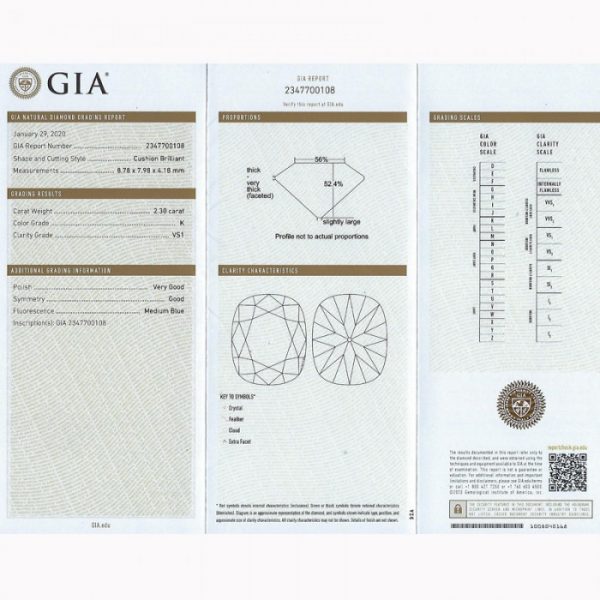 3.13ct Cushion Cut Diamond Three Stone Ring; cushion-cut diamond flanked by round old-cut diamonds, 18ct yellow gold, with GIA certificate