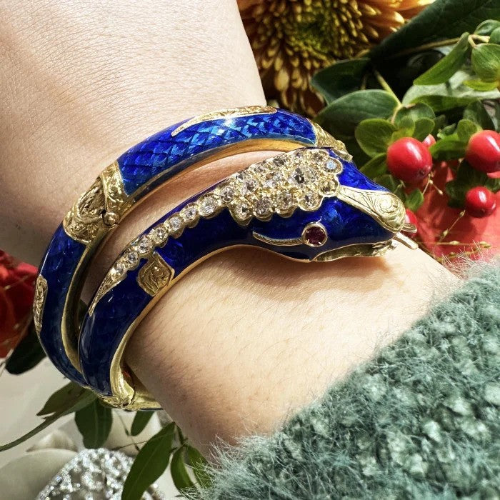 Victorian Antique Blue Enamel Diamond Gold Snake Bangle Bracelet