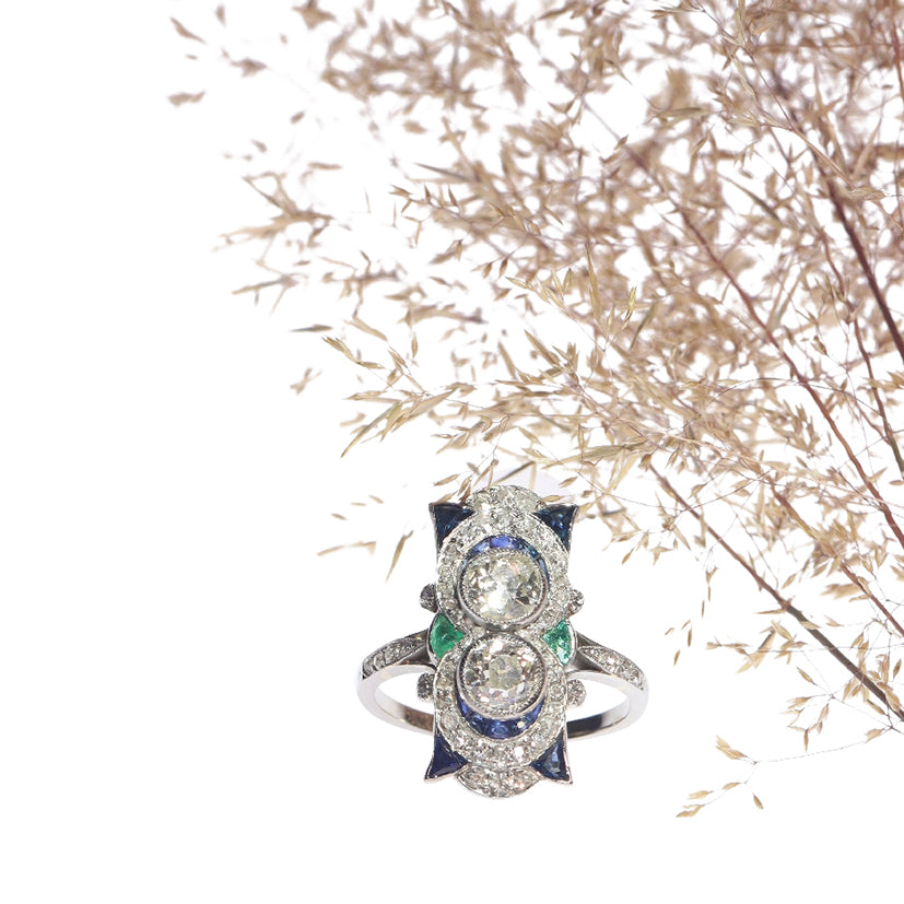 Art Deco Sapphire Emerald and Diamond Plaque Ring in Platinum