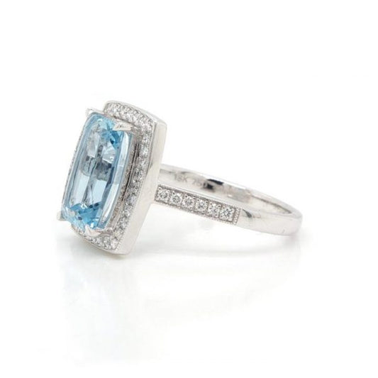 Aquamarine and Diamond Cushion Shaped Cluster Ring, 2.63 carats