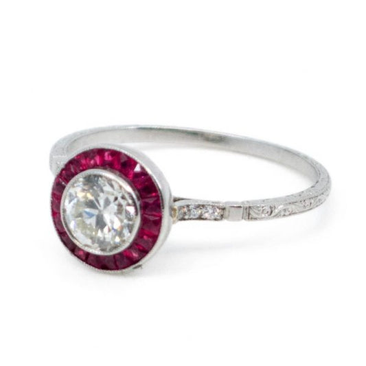 Vintage Platinum Old European Cut Diamond and Ruby Target Halo Cluster Ring