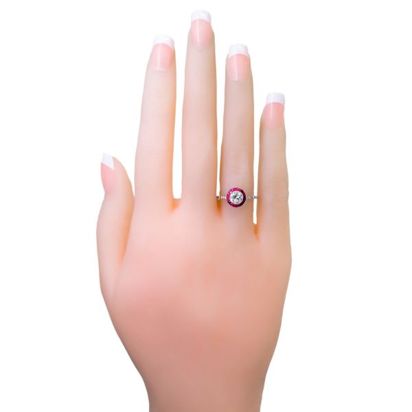 Vintage Old European Cut Diamond and French Cut Ruby Halo Ring