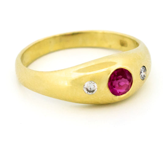 Vintage Ruby and Diamond Three Stone 14ct Gold Gypsy Ring