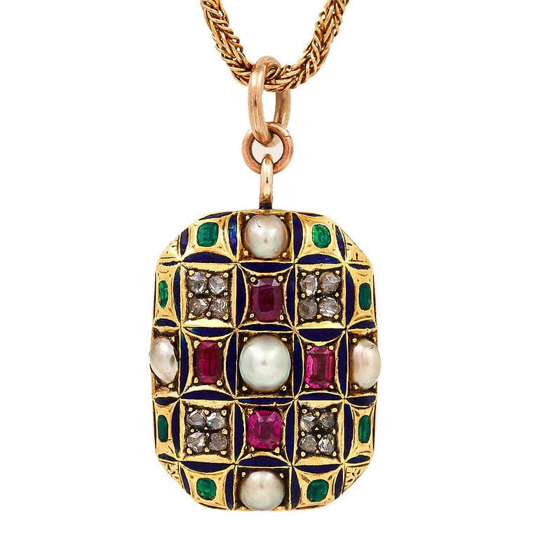 Victorian Diamond Ruby Pearl and Enamel Locket Pendant