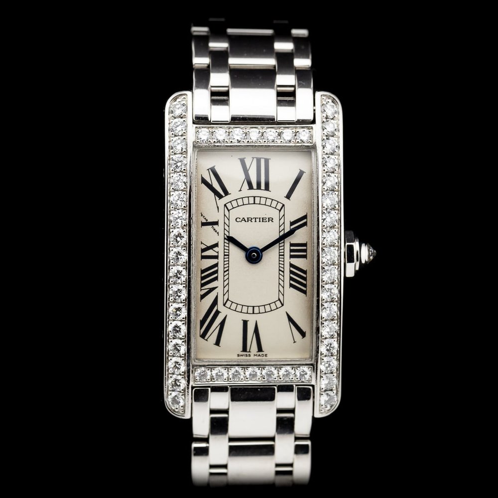 Ladies Cartier Tank Americaine 2489 18ct White Gold Quartz Watch with Factory Diamonds and Cartier Service. Under 2 year Cartier warranty from October 2024