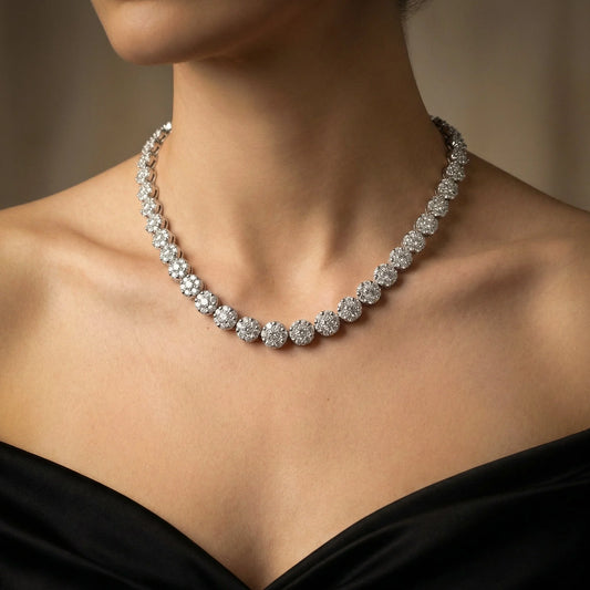 18KT White Gold Diamond Cluster Line Necklace - 30 Carats