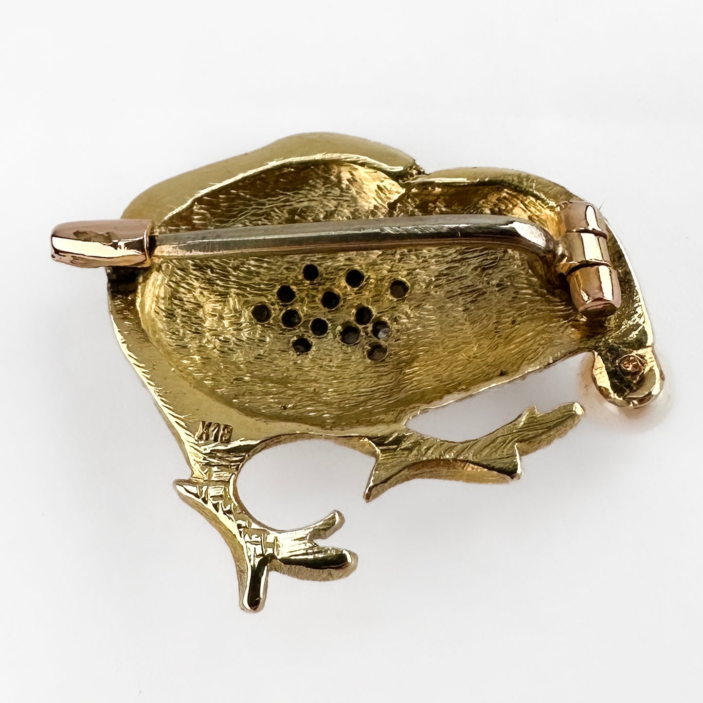 Vintage 18ct Yellow Gold Chick Brooch with Pearl Ruby Diamond