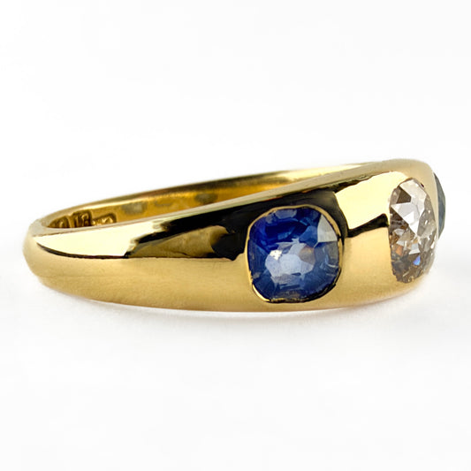 Late Victorian Antique Old Cut Diamond and Sapphire Three Stone Gypsy Ring