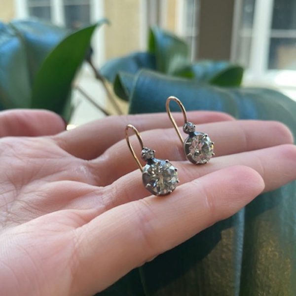 3.24ct Old Cut Diamond Drop Earrings, in silver-upon-gold