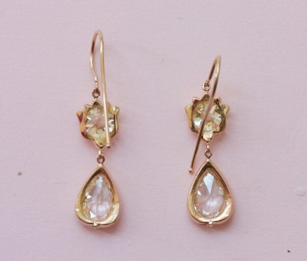 Antique Victorian 5.4cts Old Cut Pear Shaped Diamond Drop Earrings, in 18ct yellow gold