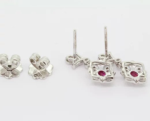 Pair of Decorative Ruby and Diamond Floral Drop Earrings, in 18ct white gold.
