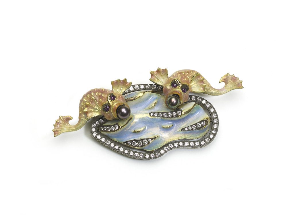 Enamel, Pearl and Diamond Fish Brooch