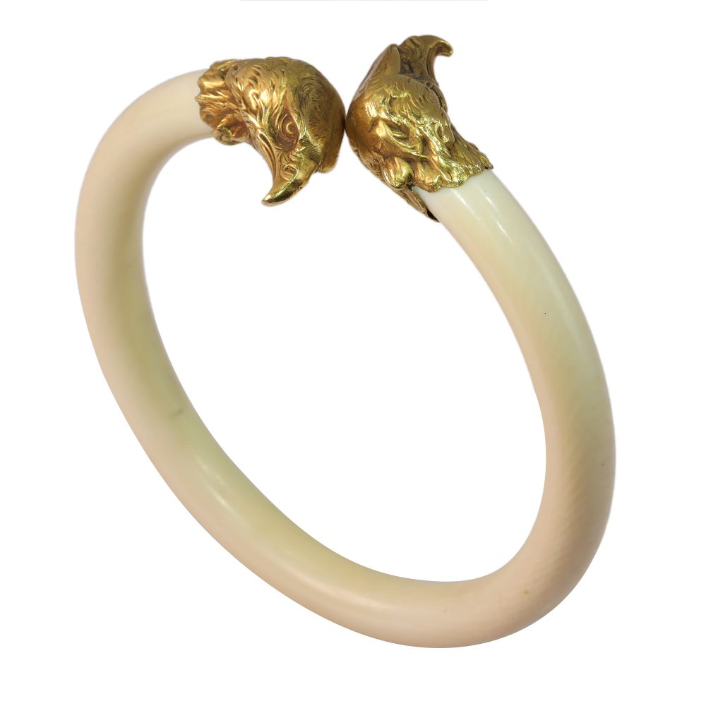 Victorian Historical Ivory Bangle With Gold Eagle's Heads